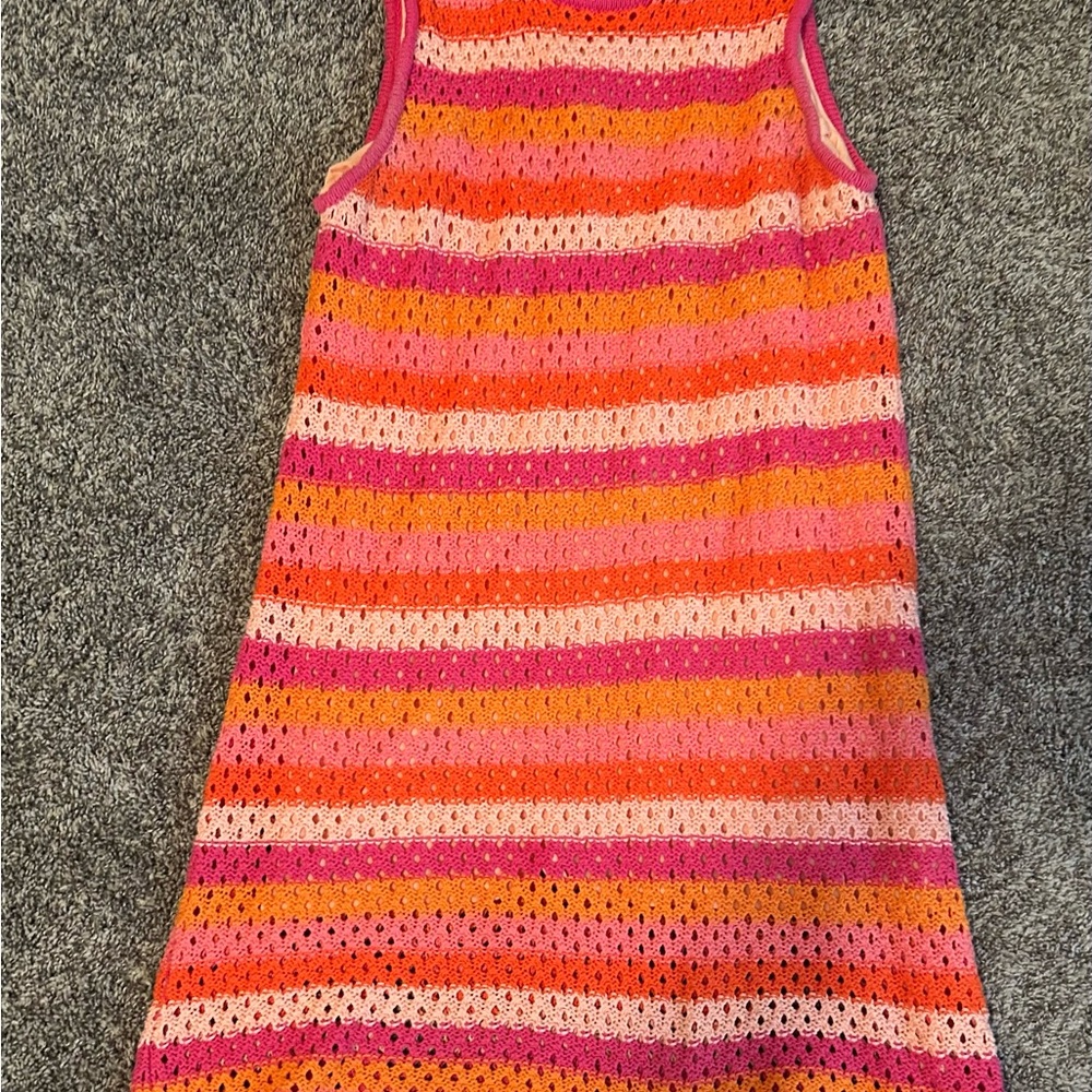 Orange and Pink Striped Sleeveless Sundress with Crew Neck